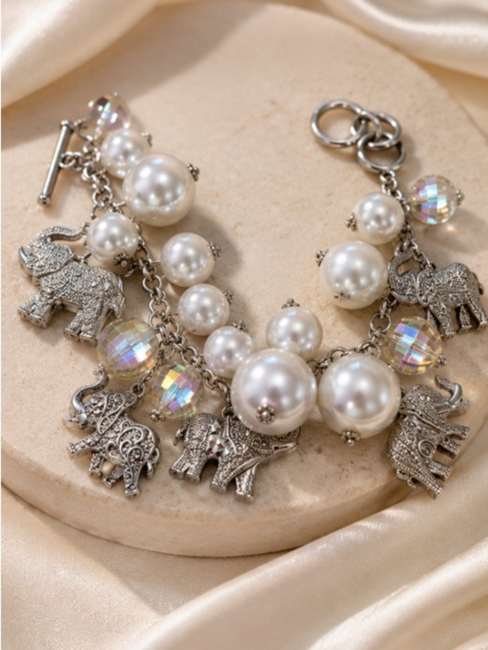 Elegant Pearl and Elephant Charm Bracelet - Silver Tone